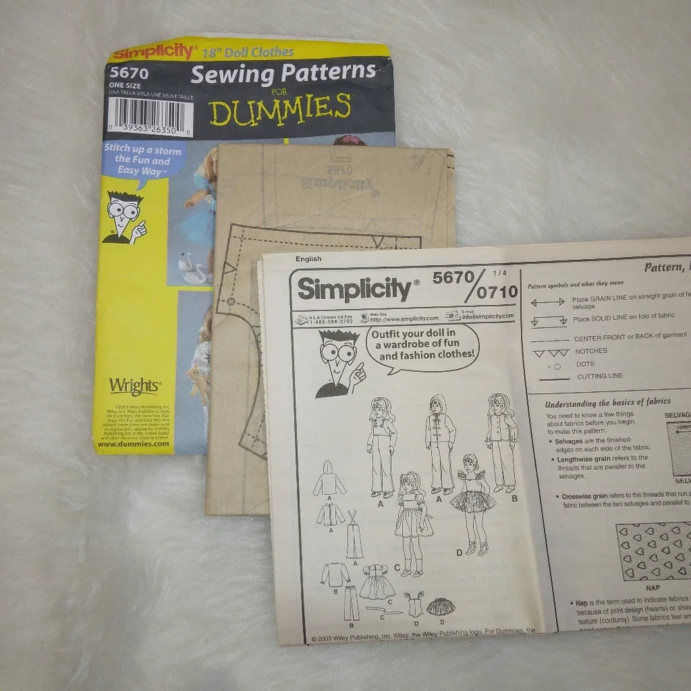 SIMPLICITY 5670 Sewing Patterns for Dummies, American Girl Doll clothes
